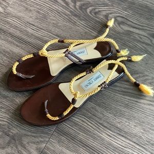 Jimmy Choo Brown and Yellow/Gold Flat Sandals